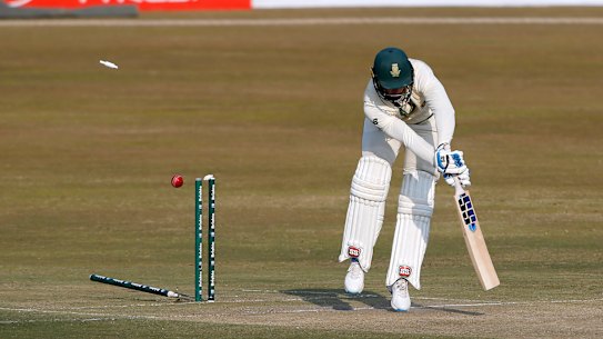 South Africa’s Rassie van der Dussen is bowled during the recent Test series against Pakistan.