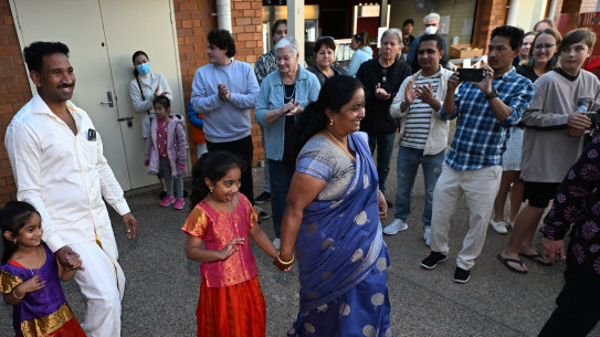 Kopika, Priya ,Tharnicaa and Nades Nadesalingham arrive at the Flourish festival in Biloela on Saturday.