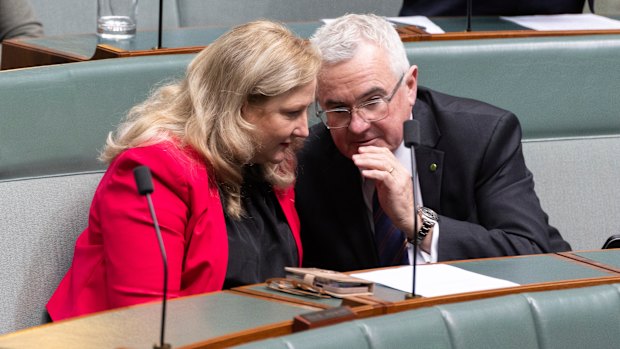 Member for Mayo Rebekha Sharkie and Member for Clark Andrew Wilkie in discussion, in the House of Representatives, November 2022 