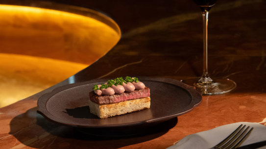 Forged Parfait, which sits top of a Hokkaido Wagyu Sando at Mori.