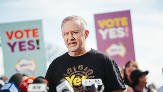 Prime Minister Anthony Albanese speaks as he is  joined with supporters and Pat Farmer for his remarkable Run for the Voice campaign as he arrives at Sydney Opera House, Tuesday 22nd of August 2023. Photo: Dion Georgopoulos / The Sydney Morning Herald 