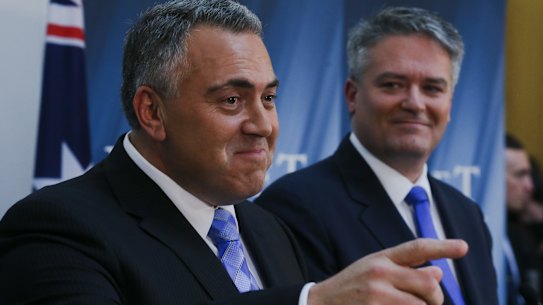 Then Treasurer Joe Hockey, and Finance minister Senator Mathias Cormann during the Budget lock-up in 2015.