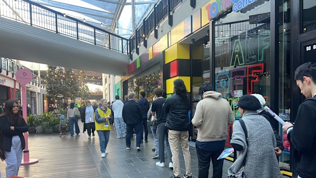 Voters queue at Docklands polling centre.