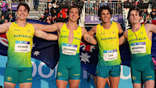 From left: Lachlan Kennedy, Josh Azzopardi, Calab Law and Rohan Browning after winning gold in the men’s 4x100m relay at the Glasgow Commonwealth Games.