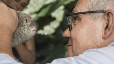 Scott Morrison gets close and personal with a local at a wildlife park while in Cairns to announce a tourism package.