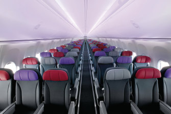 The cabin on board a Virgin Australia Boeing 737.