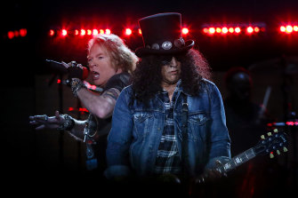 Guns Nâ Roses singer Axl Rose, left, and guitarist Slash performing in Melbourne back in 2017. 