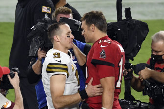 Tom Brady, right, acknowledges Drew Brees, left, after the game. 