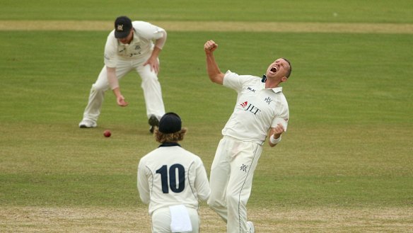 Victoria's Peter Siddle celebrates the dismissal of Moises Henriques on the day two of the Shield final against NSW.