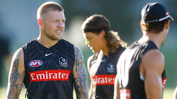 Jordan De Goey looks on during a Collingwood AFL training session at the Holden Centre earlier this month.