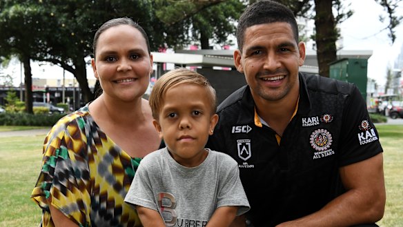 Yarraka Bayles with her son Quaden and South Sydney Rabbitohs star Cody Walker.