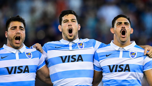 Pablo Matera (right) sings the national anthem ahead of the Pumas' clash with New Zealand.