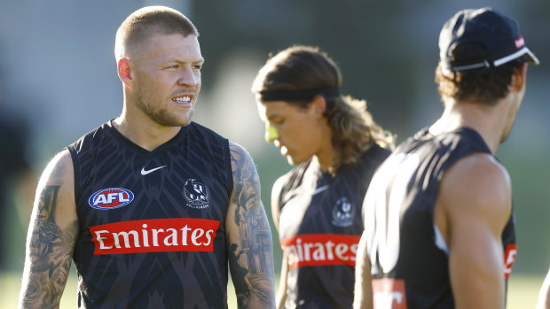 Jordan De Goey looks on during a Collingwood AFL training session at the Holden Centre earlier this month.