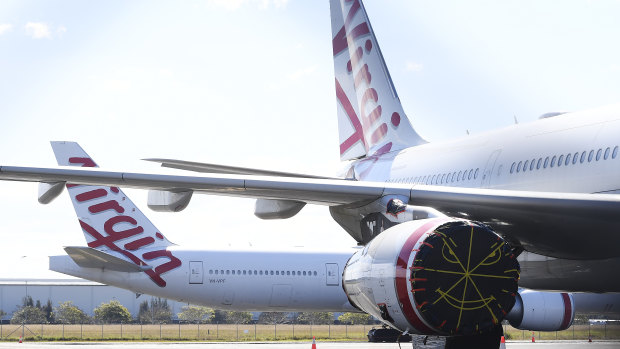 Virgin Australia wide-body aircrafts are seen parked in the Brisbane Airport in August.