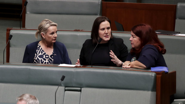 Assistant Minister for Regional Development and Territories Sussan Ley, with ministers Kelly O'Dwyer and Melissa Price during a division on the live export bill on Monday.