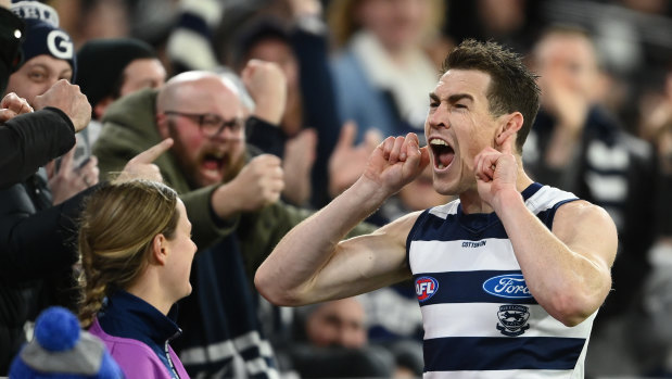 Jeremy Cameron celebrates a goal in Geelong’s qualifying final win over Collingwood.