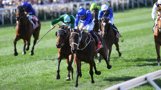 Third time lucky: Hugh Bowman rides Winx to her third, and by far her narrowest, Cox Plate victory. 