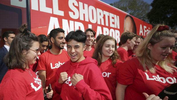 Young Labor volunteers with the campaign bus during a 2019 federal rally.