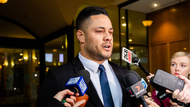 Jarryd Hayne leaves court after being convicted in March.