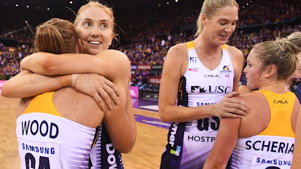 Lightning strikes: Madeline McAuliffe and Stephanie Wood after the win over the Firebirds.