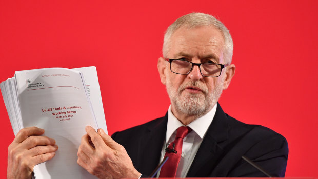 Labour leader Jeremy Corbyn presents documents related to post-Brexit UK-US trade talks which he says will affect the NHS.