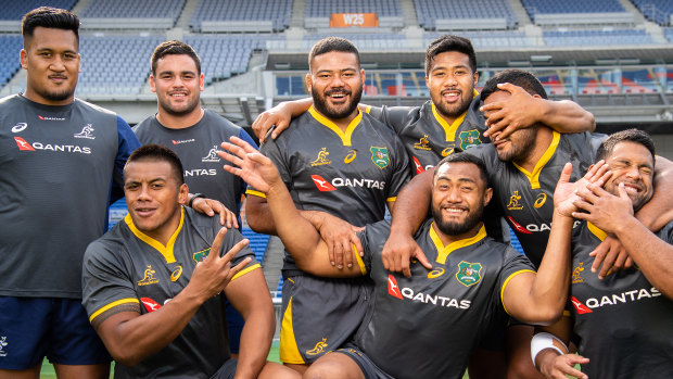 Milestone: Sekope Kepu (middle bottom row) will play his 100th Test for the Wallabies against New Zealand.