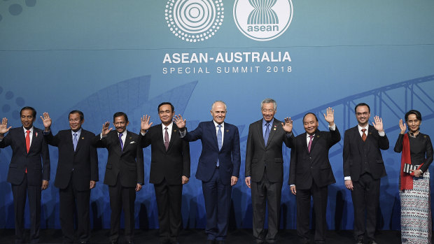 Singapore's Prime Minister Lee Hsien Loong, fourth from right, in Sydney in March. Under Mr Lee's father, Lee Kuan Yew, Singapore was the last ASEAN country to establish diplomatic ties with Beijing.  