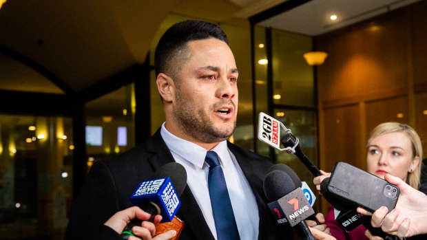 Jarryd Hayne leaves court after being convicted in March.