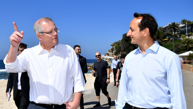 Prime Minister Scott Morrison and Liberal candidate for Wentworth Dave Sharma at Bronte beach on Friday. 