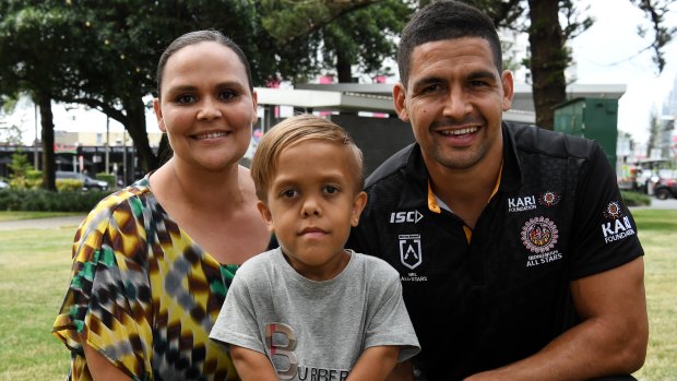 Yarraka Bayles with her son Quaden and South Sydney Rabbitohs star Cody Walker.