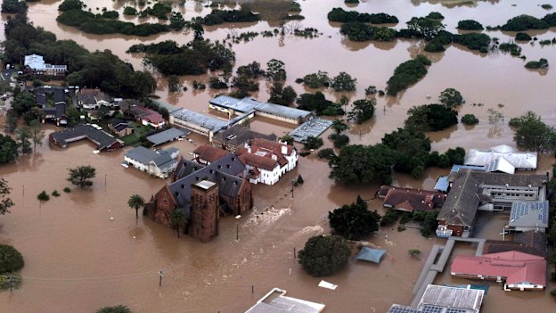 An aerial view of the devastation around St Carthage’s Cathedral and Trinity Catholic College Lismore.
