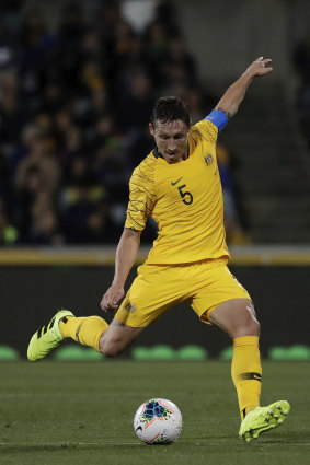 Mark Milligan in his last international match on Australian soil against Nepal in Canberra in October 2019.
