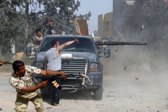 Libyan fighters loyal to the Government of National Accord (GNA) during clashes with forces loyal to strongman Khalifa Haftar south of Tripoli.