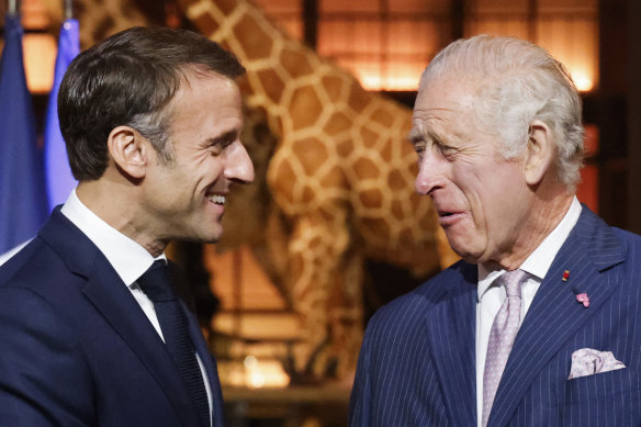 Emmanuel Macron and King Charles during their visit to the Museum of Natural History in Paris on September 21 to meet business leaders and talk about biodiversity.