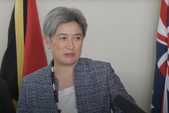 A screenshot of Foreign Minister Penny Wong at the joint press conference in Vanuatu.