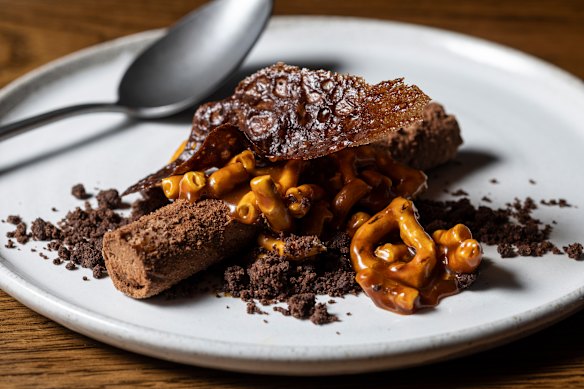 A dessert of chocolate and hazelnut mousse and salted caramel.