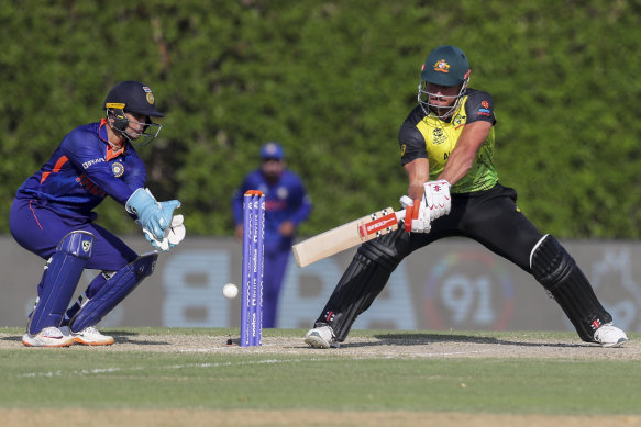 Marcus Stoinis bats during Australia’s loss to India in the World Cup warm-up match.