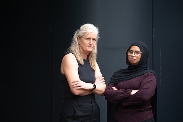 Lane Cove resident Sasha Titchkosky and Sophie Shanaaz from Stop the Slop opposed Goodman’s data centre.
