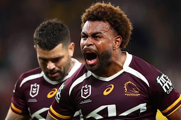 Ezra Mam celebrates Billy Walters’ try against the Eels.