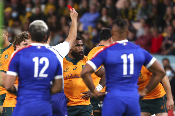 Marika Koroibete is sent off early in the deciding third Test against France at Suncorp Stadium last year.