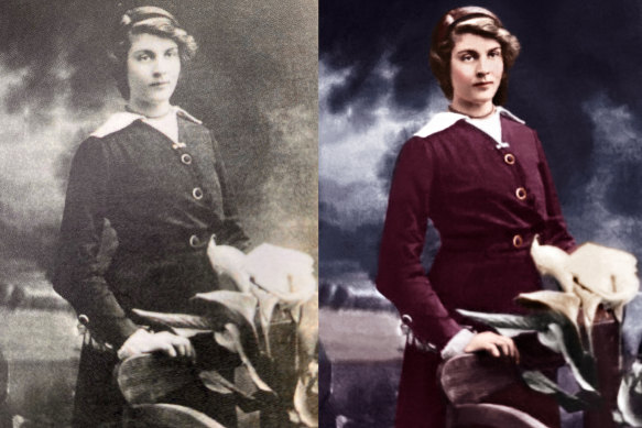 Photos of Greg Callaghan's paternal grandmother Vera Clarke before and after colourisation. 