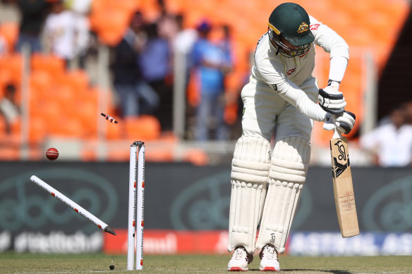 Peter Handscomb loses his off stump on day one.