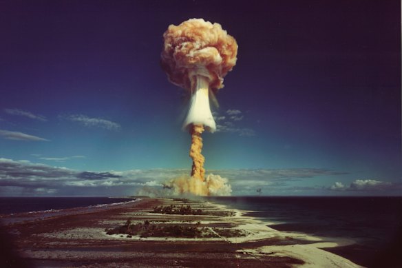 A mushroom cloud after an atomic bomb test in French Polynesia in 1971.