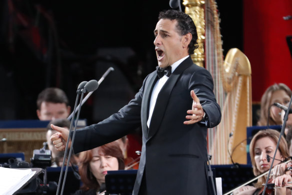 Peruvian tenor Juan Diego Florez performs during a gala concert in Red Square, Moscow, at the start of the  2018 World Cup finals.