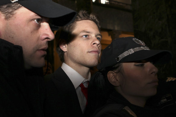 Bulgarian police officers escort Australian citizen Paul "Jock" Palfreeman during his trial in 2009.