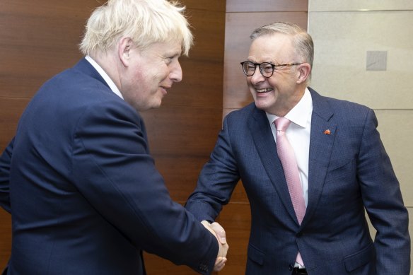 The now outgoing British Prime Minister Boris Johnson meets with Australia’s Anthony Albanese at a bilateral meeting amid the NATO leaders’ summit in Spain last week. 
