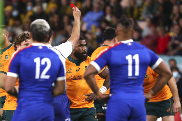 Marika Koroibete is sent off early in the deciding third Test against France at Suncorp Stadium on Saturday.