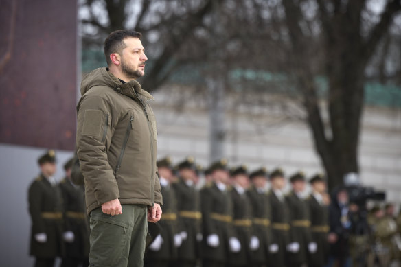 Ukrainian President Volodymyr Zelensky attends a ceremony in Kyiv on Friday.