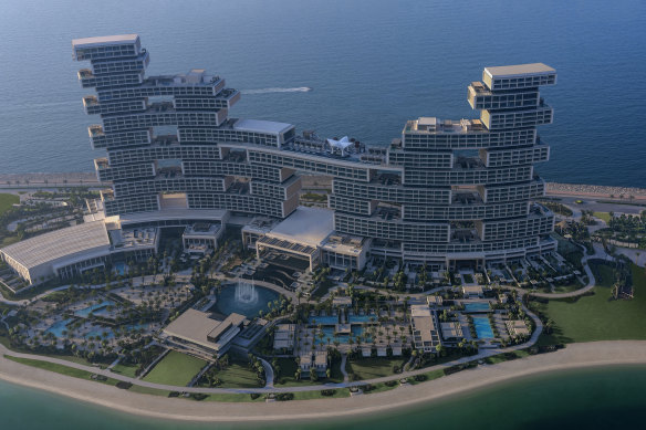 The hotel’s exterior of six towers of stacked boxes resembles Jenga blocks.