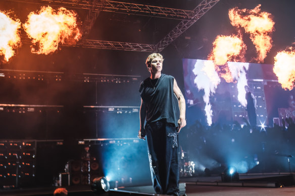 Pyrotechnics light up the stage for The Kid Laroi.